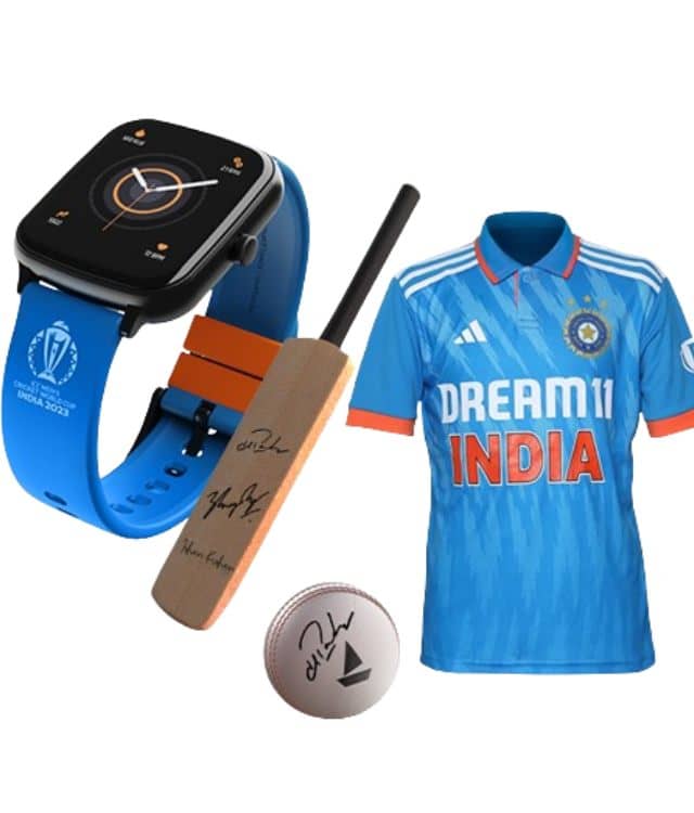 Display of cricket shirt, watch, and ball alongside BoAt Wave Style Call ICC Edition Smartwatch.
