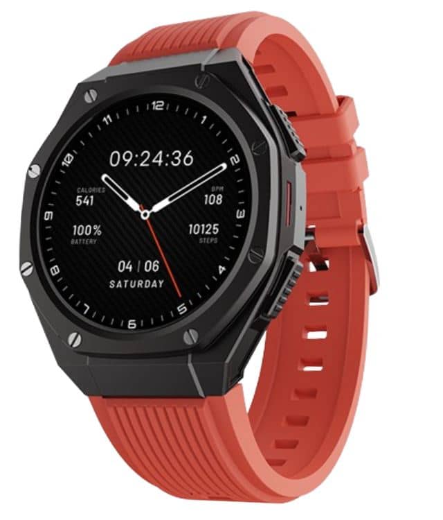 BoAt Enigma X600 Smartwatch with a red strap.
